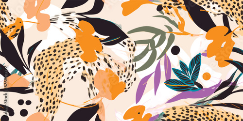 Hand drawn abstract floral pattern with leopards skin. Creative collage contemporary seamless pattern. Natural colors. Fashionable template for design