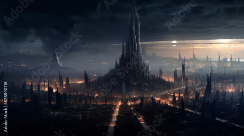 View of a heavily polluted metropolis in a dystopian future, high-tech cityscape with dark futuristic architecture under a shrouded twilight. Generative AI.