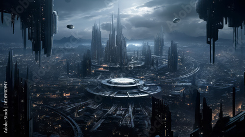 View of a dystopian future showing cityscape with high-tech skyline under a shrouded twilight  futuristic architecture and spheric spaceships stand out against the gloomy skies. Generative AI.