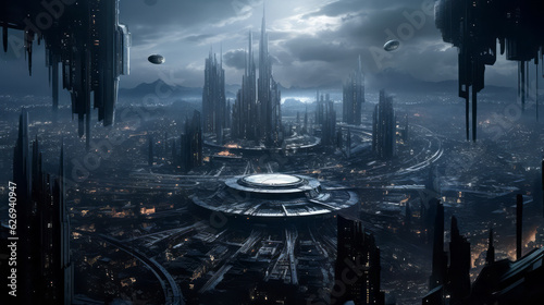 View of a dystopian future showing cityscape with high-tech skyline under a shrouded twilight, futuristic architecture and spheric spaceships stand out against the gloomy skies. Generative AI.