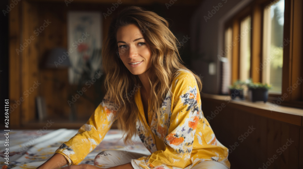 Portrait of beautiful young woman in yellow pajamas sitting on bed at home.