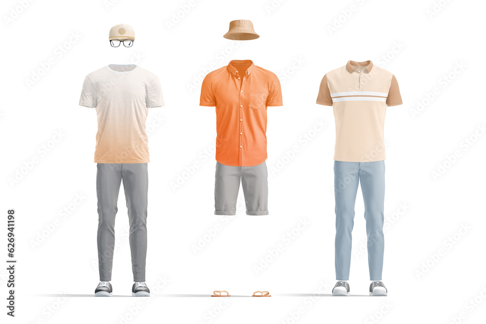 Naklejka premium Blank colored casual summer costume mockup set, front view