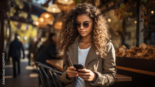 Beautiful young woman with curly hair and sunglasses using mobile phone in cafe.