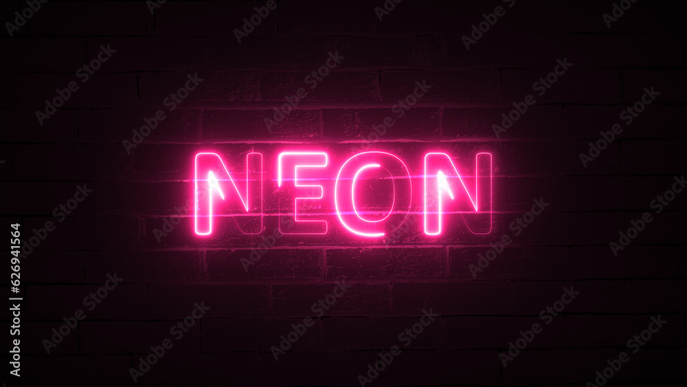 Word in neon style with a brick wall backdrop. Backdrop and neon sign in color.