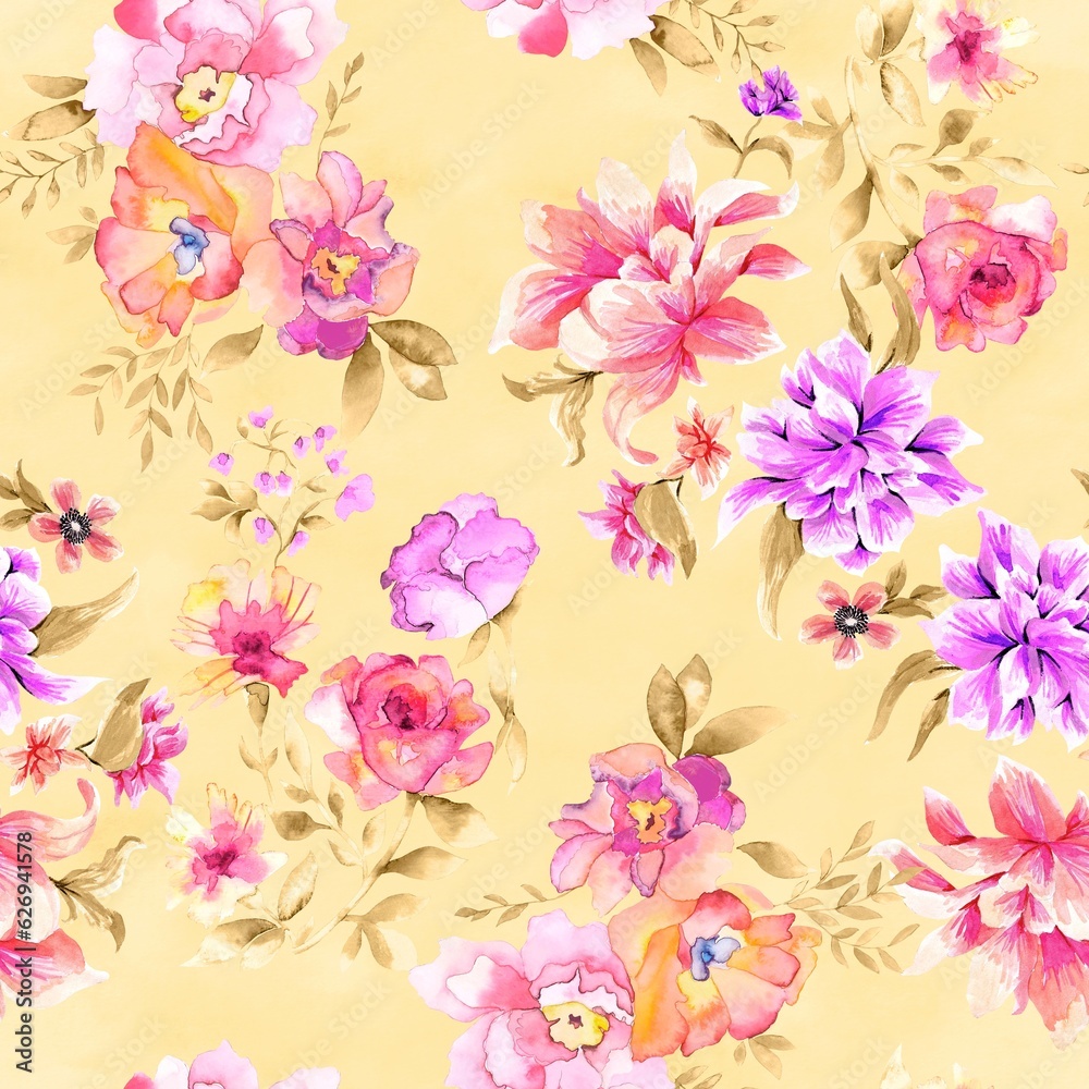 Watercolor flowers pattern, pink and purple tropical elements, green leaves,yellow background, seamless
