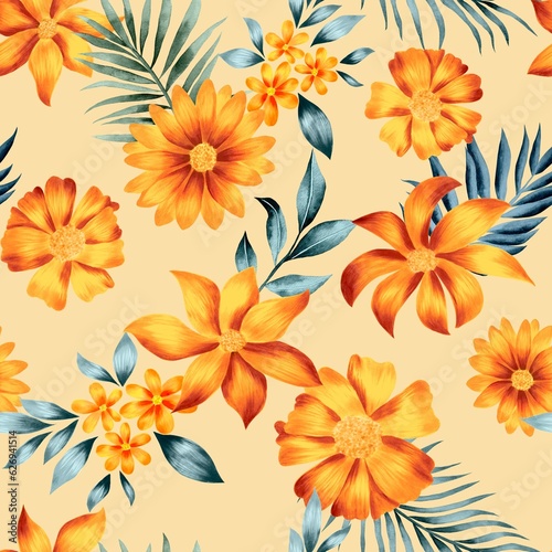 Watercolor flowers pattern, yellow tropical elements, green leaves, yellow background, seamless © Leticia Back