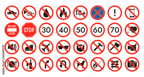 Red prohibition icon. Danger smoking warning sign, cigarette, alcohol and weapon prohibited signs and public warning icons. Vector flat collection. Restrictions for cellphone, sunglasses, pets