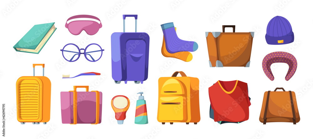 Travel luggage stuff. Cartoon summer vacation luggage with sunglasses socks head pillow and toothbrush, flat bags with items on luggage. Vector illustration. Suitcase with clothing and accessory Travel luggage stuff. Cartoon summer vacation luggage with sunglasses socks head pillow and toothbrush, flat bags with items on luggage. Vector illustration. Suitcase with clothing and accessory