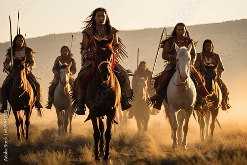 Several American Indians on the warpath. In war paint, they gallop to meet the invaders. photo