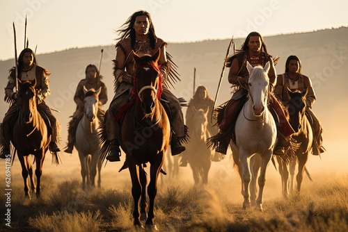 Several American Indians on the warpath. In war paint, they gallop to meet the invaders.