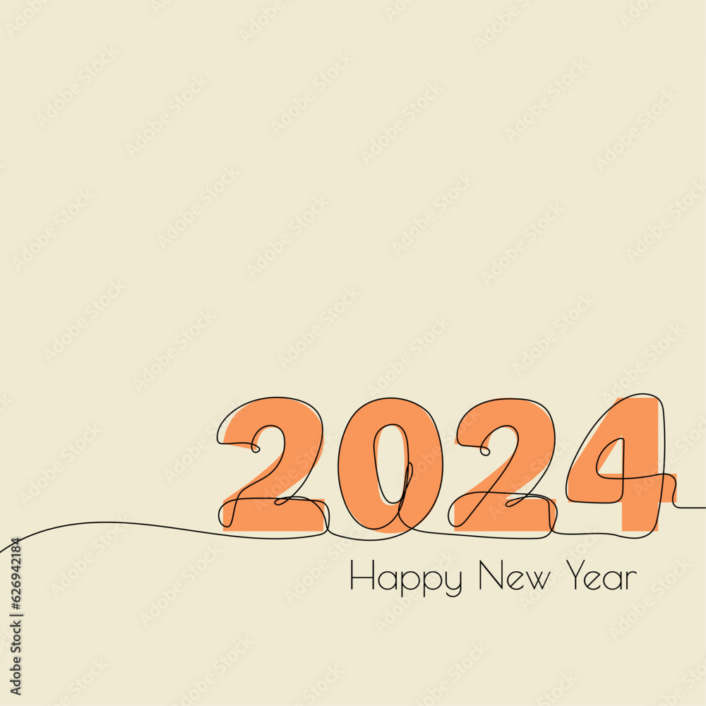 Vector number 2024 hand drawn with one continuous single line. 2024 Happy New Year greeting card in sketch style.