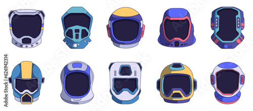 Cute astronaut helmet set. Cartoon cosmic spacesuit helmets with funny stickers, flat universe spaceship avatars for sticker chat application. Vector collection. Futuristic cosmonaut costume