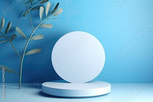 3d rendered white podium with palm tree leaf blue background