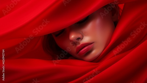 The elegant face of a girl wrapped in red fabrics. A fascinating image with a girl on a red background. AI Generative