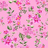 Watercolor flowers pattern, pink tropical elements, green leaves, pink background, seamless