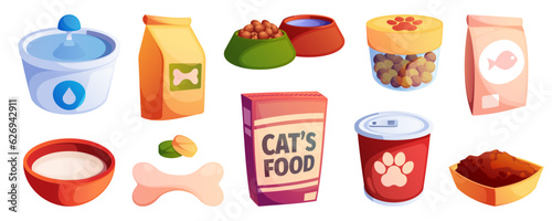 Pets food. Cartoon dog and cat bowl with meal, kitten plate with wet food, feline dish with dry snack. Vector flat food for pets illustration. Containers with water and meal, tasty treatments