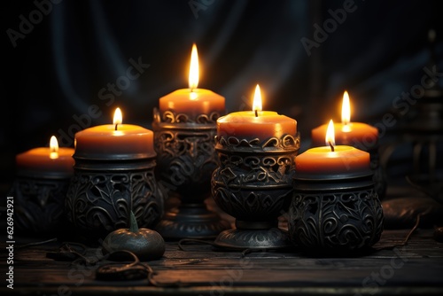 Flickering Candles in a Dark Room with Halloween Decorations - AI Generated