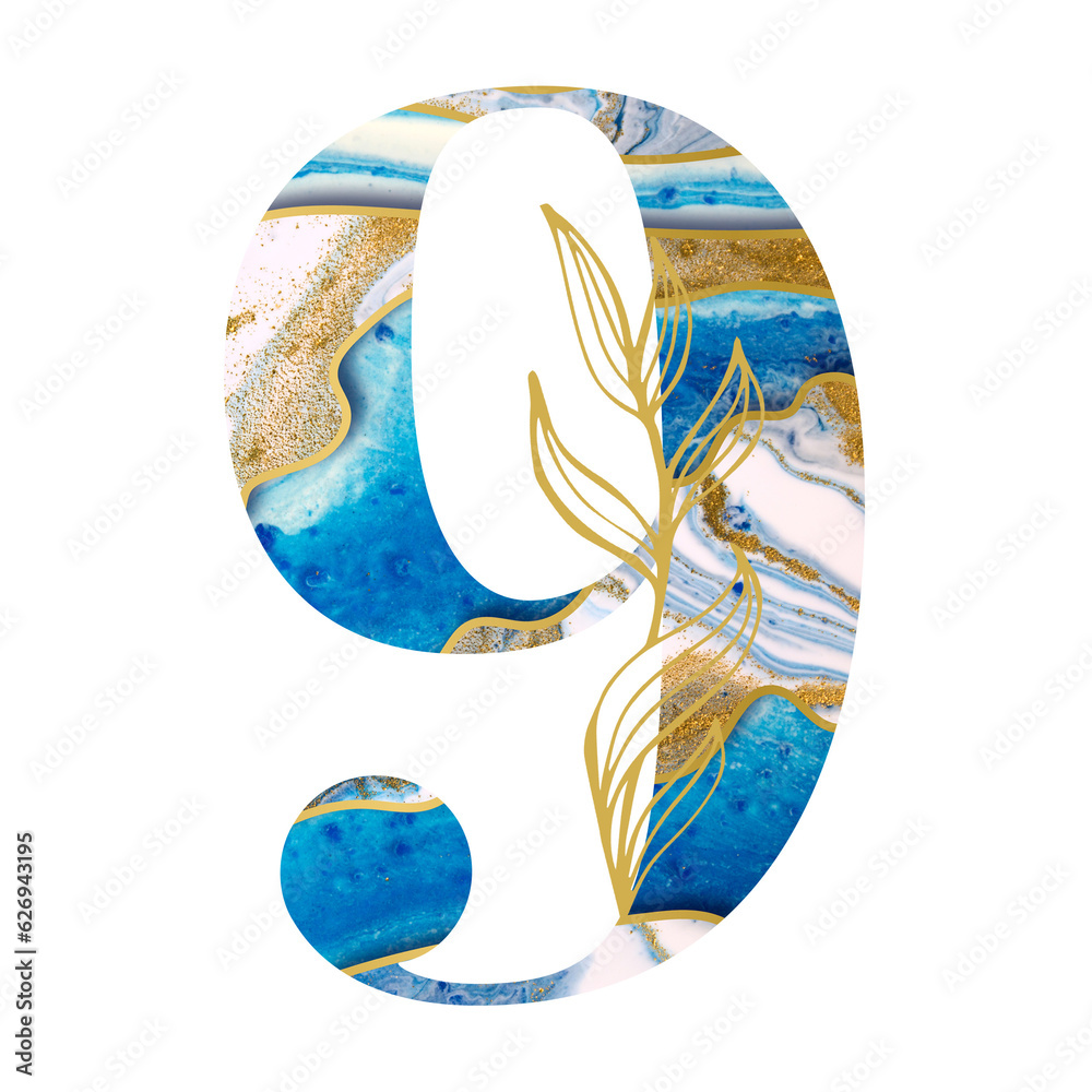 9 In Letters Blue gold marble ink number from 0 to 9. Isolated on transparent ...