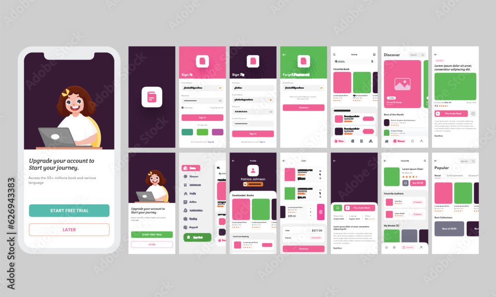 Mobile App UI Kit Including as Sign In, Sign Up, Forgot Password, Favorite Book, Discover Screens for Responsive Website. Online Learning or Education Concept.