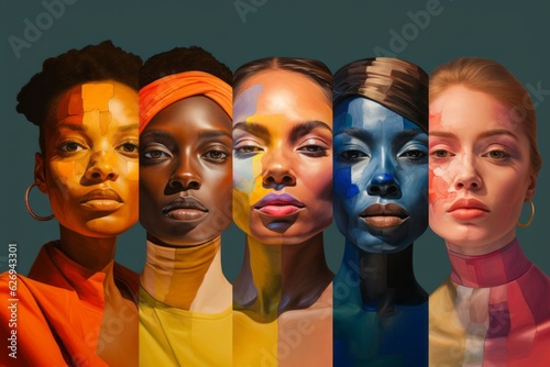 Portrait of diverse type of women in bright colors illustration. Multiethnic diversity female group concept
