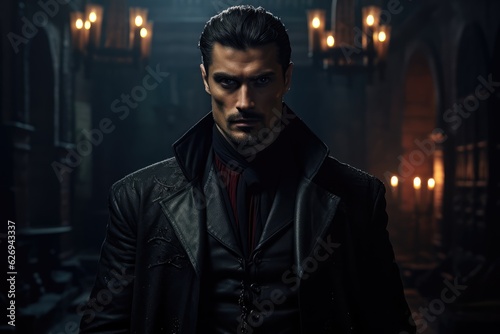 Man Dressed as a Vampire Posing Against a Dark Castle - Helloween - AI Generated photo