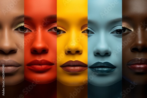 Portrait of diverse interracial women in bright colors. Multicultural diversity female group concept