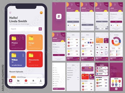 Different UI, UX, GUI Screens for Mobile App and Responsive Website Including Sign in, Sign up, Create Account, All Files, Profile, Drive Storage and Setting.