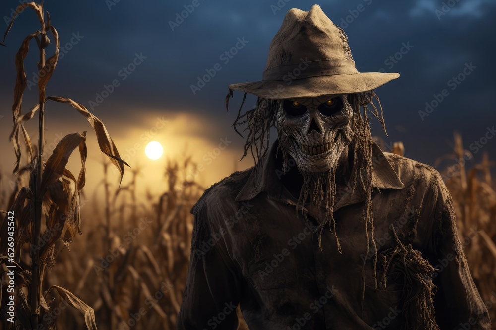 Scary Scarecrow in a Cornfield Under a Full Moon - Helloween - AI Generated Scary Scarecrow in a Cornfield Under a Full Moon - Helloween - AI Generated