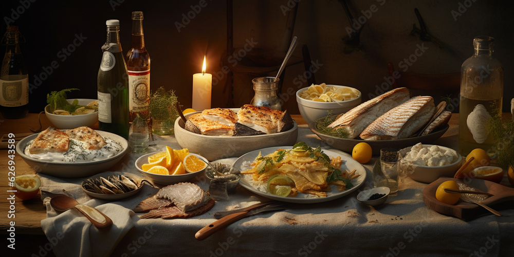 A Lavishly Decorated Table for Swedish Midsummer Celebration, Laden with Delectable Swedish Delicacies - AI generated