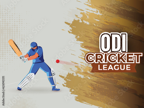 Sticker Style ODI Cricket League Text with Illustration of Batter Player Hitting Ball on Brown Brush StroKe and Gray Halftone Effect Background.