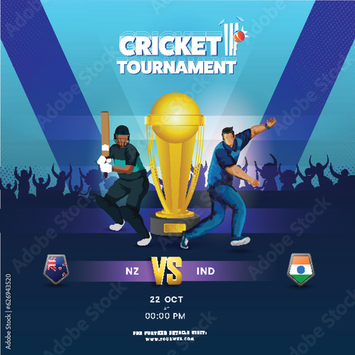 Cricket Tournament Concept with 3D Golden Winning Trophy Cup and Participating Teams New Zealand VS India on Silhouette Fans Cheering Blue Background.