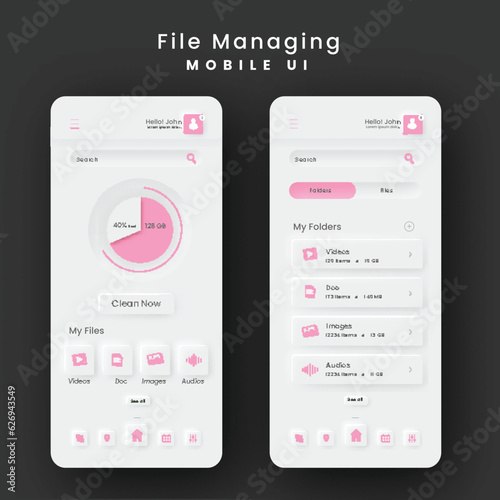 File Managing Mobile App UI Kits in White and Pink Color.
