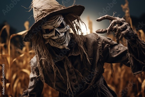 Scary Scarecrow in a Cornfield Under a Full Moon - Helloween - AI Generated