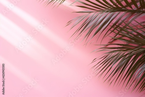 Pink wall mockup background with palm leaves and soft shadow. Empty surface with copy space template concept
