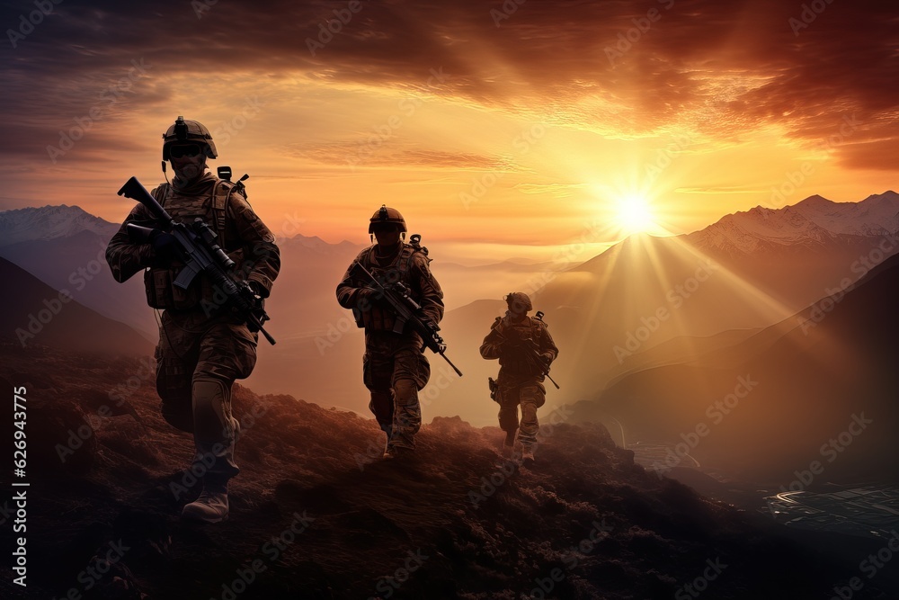 Fototapeta premium A small group of mercenary soldiers during the transition in the mountains. They moving along the mountain range in the rays of the setting sun.