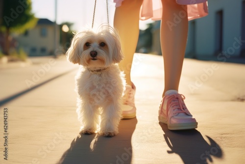 Small white dog walking along street with girl owner in pink shoes and dress. Happy puppy animal at summer training