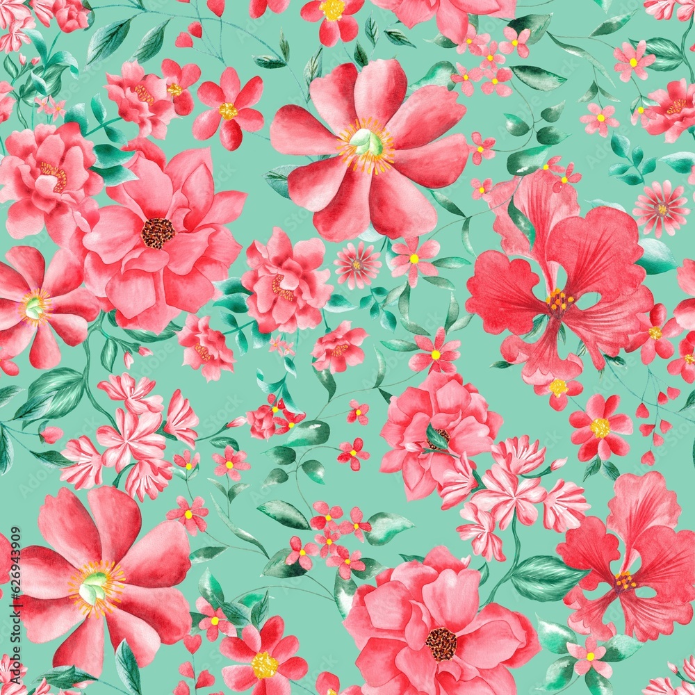 Watercolor flowers pattern, red tropical elements, green leaves, green background, seamless