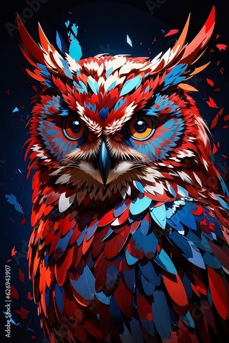 An illustration of a red owl with bright blue eyes in the style of abstract expressionism with volumetric lighting