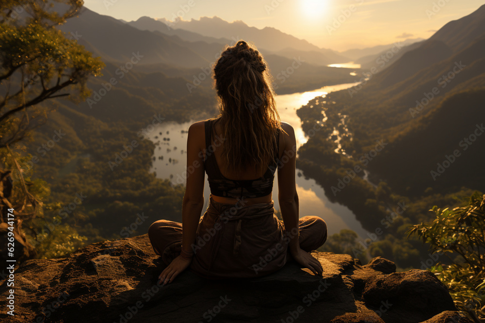 Back view of woman in meditation. Mountains in the fog. The view from the back. arms around. Meditation. The balance of psychological life. Appeasement. Generative Ai Back view of woman in meditation. Mountains in the fog. The view from the back. arms around. Meditation. The balance of psychological life. Appeasement. Generative Ai