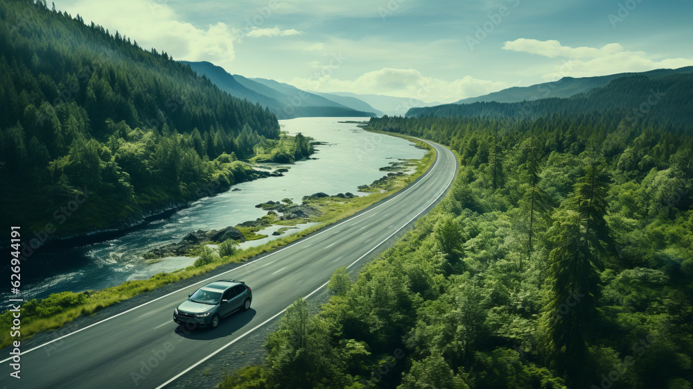Obraz premium Eco car on forest road with earth planet going through forest, Ecosystem ecology healthy environment road trip travel generative ai