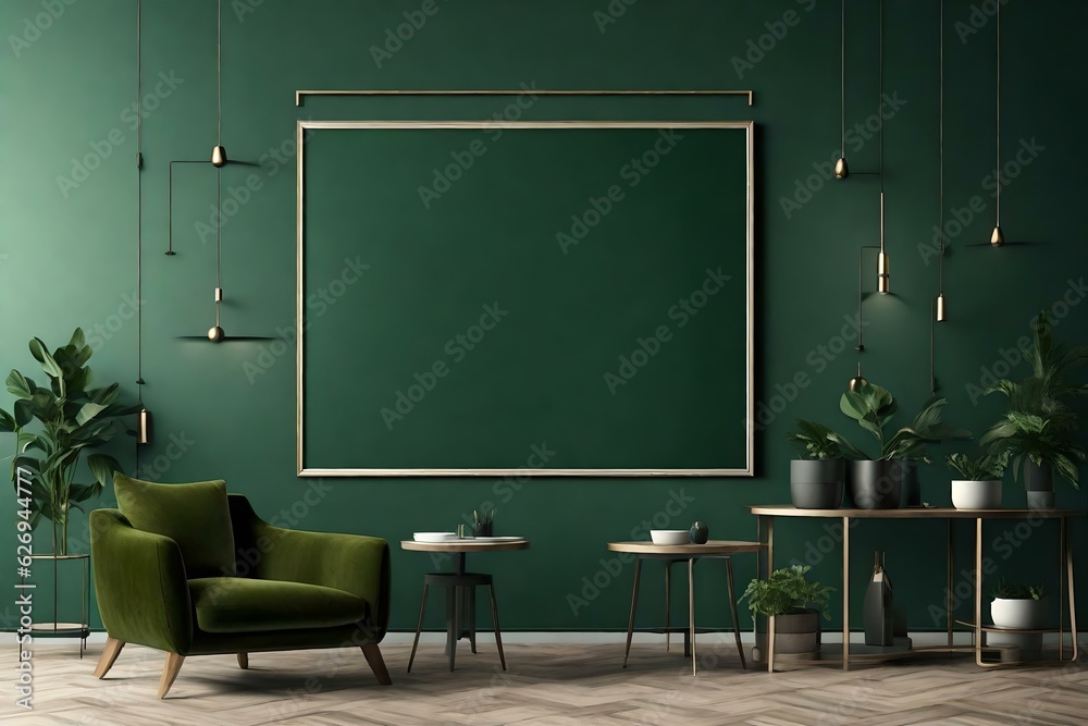Poster frame mockup in dark green living room interior, 3d render