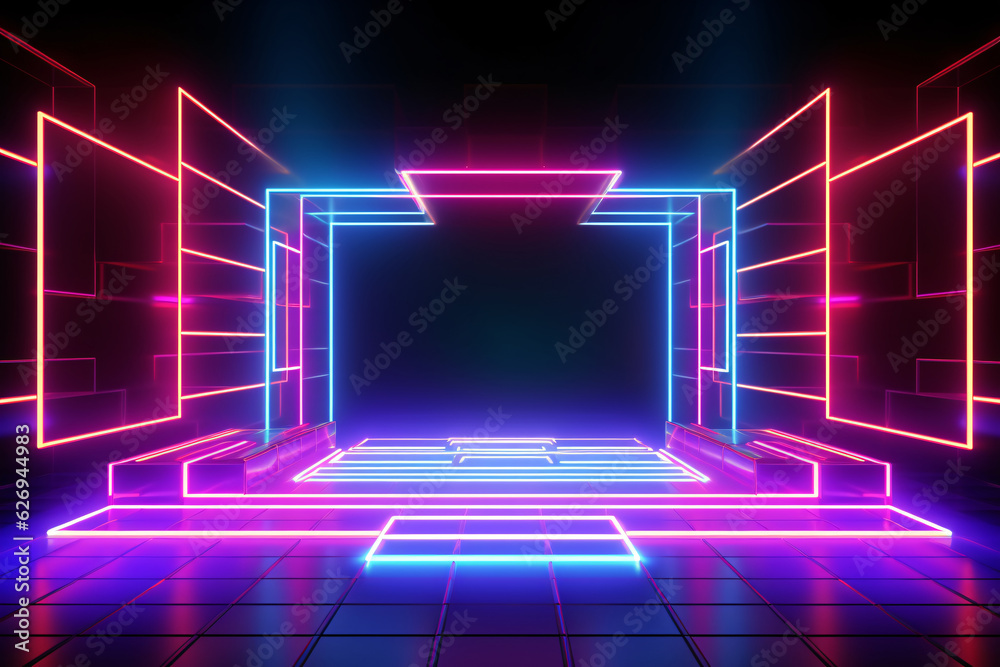 Abstract neon light geometric background. Glowing neon lines. Empty futuristic stage laser. Colorful rectangular laser lines. Square tunnel. Night club empty room. Laser show design.