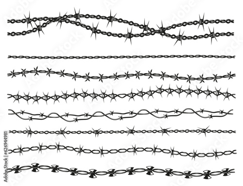 Razor wire collection. Barbed wire military border, dangerous chain of sharp barbed wire, danger warning silhouette for security concept. Vector set. Prison boundary protection with metal spikes