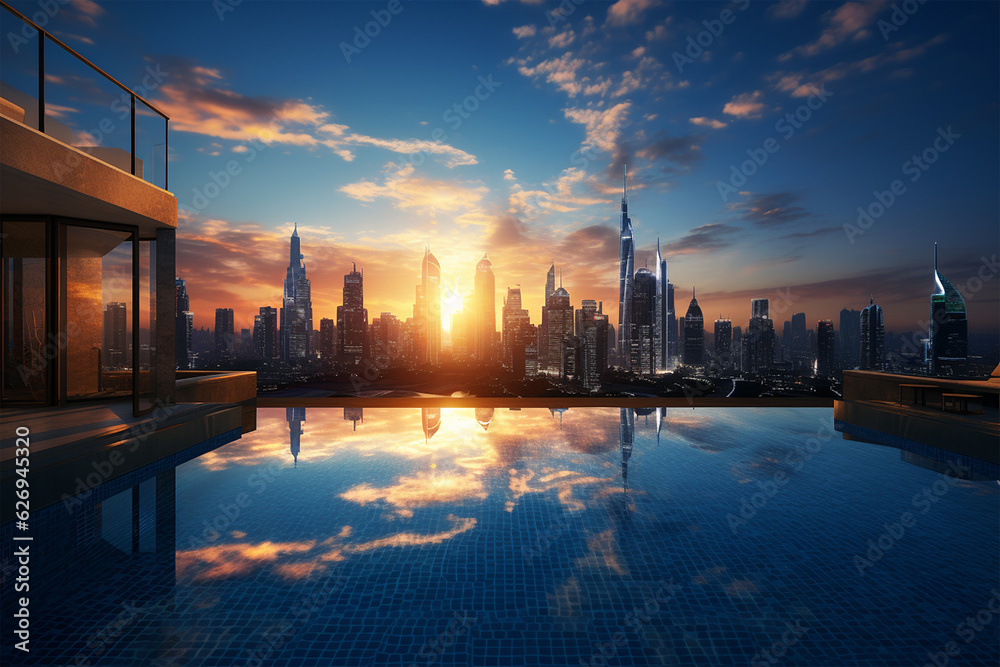 Modern infinity pool at sunset generated by AI