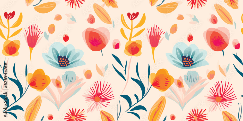 Hand drawn artistic ethnic flowers ornament print. Cute modern style pattern. Fashionable template for design