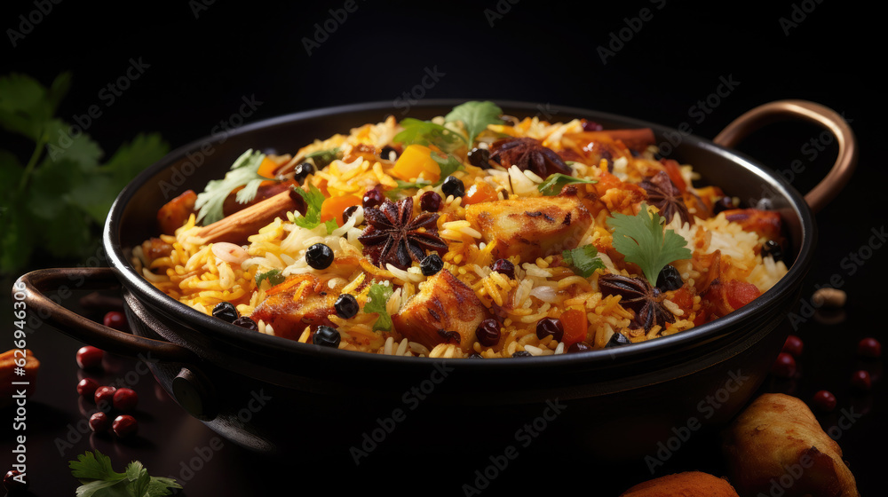 Delicious and spicy indian meat biryani in traditional pot Delicious and spicy indian meat biryani in traditional pot
