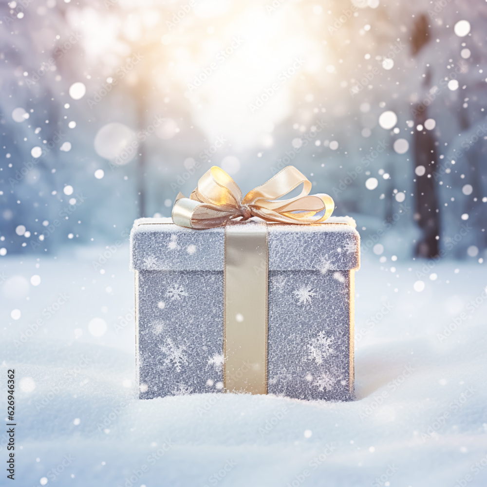 Christmas holiday gift and present, gift box in the snow in snowfall winter countryside nature for boxing day, holidays shopping sale Christmas holiday gift and present, gift box in the snow in snowfall winter countryside nature for boxing day, holidays shopping sale