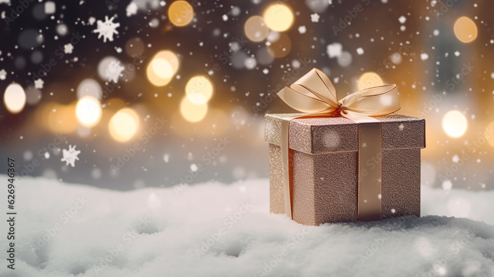 Christmas holiday gift and present, gift box in the snow in snowfall winter countryside nature for boxing day, holidays shopping sale Christmas holiday gift and present, gift box in the snow in snowfall winter countryside nature for boxing day, holidays shopping sale