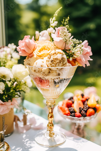 Ice cream desserts buffet table, event food catering for wedding, party and holiday celebration, ice creams and flowers decor in a floral countryside garden, generative ai