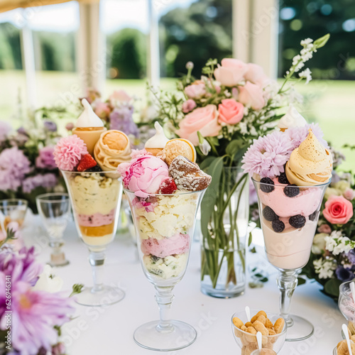 Ice cream desserts buffet table, event food catering for wedding, party and holiday celebration, ice creams and flowers decor in a floral countryside garden, generative ai